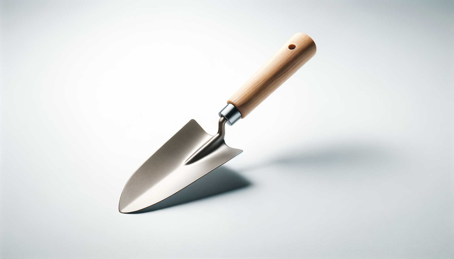 A gardening trowel with a wooden handle and stainless steel blade on a light gray background.