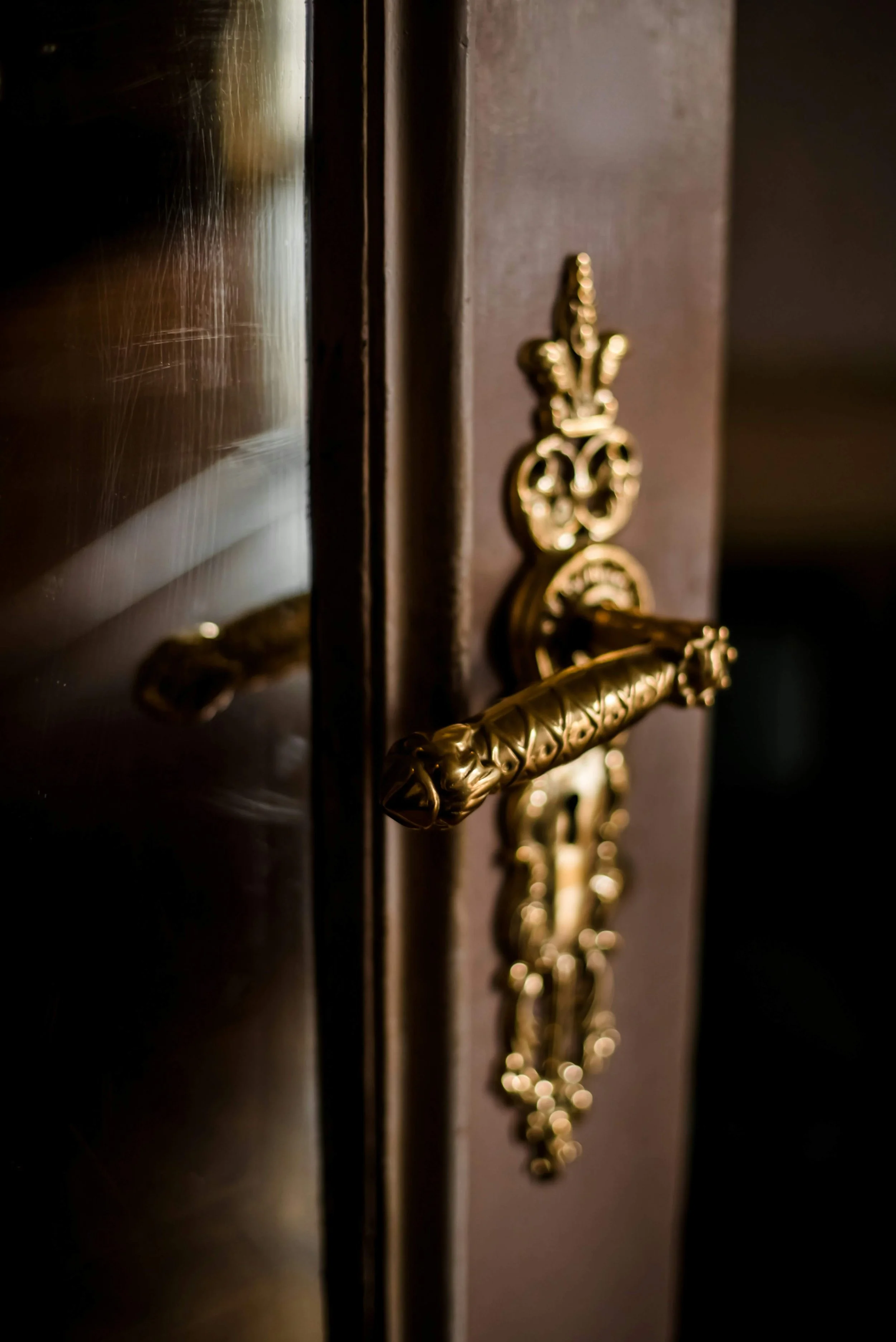 Close-up of an ornate gold door handle on a dark wooden door