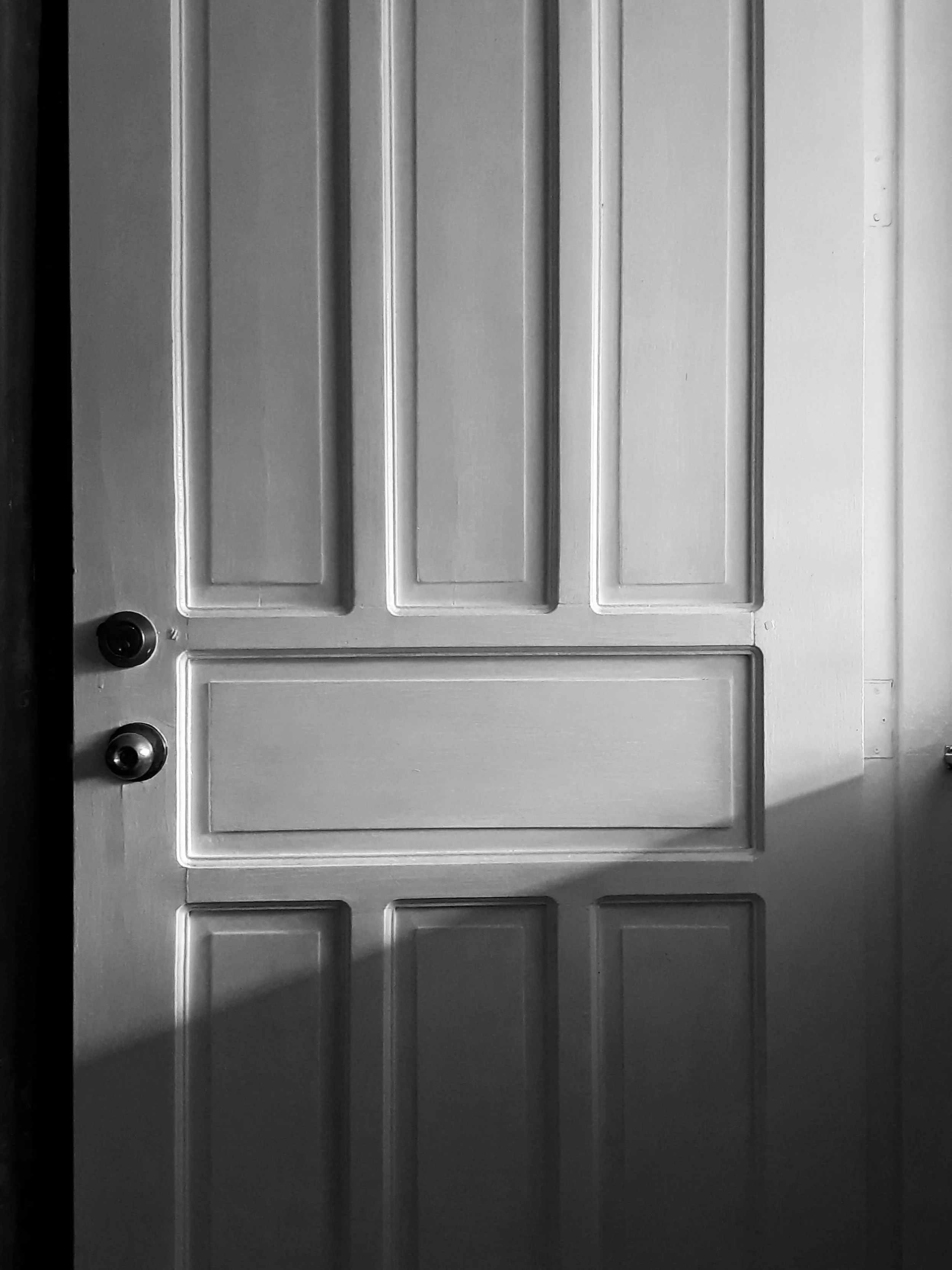 Close-up of a gray paneled door with two round locks and a doorknob