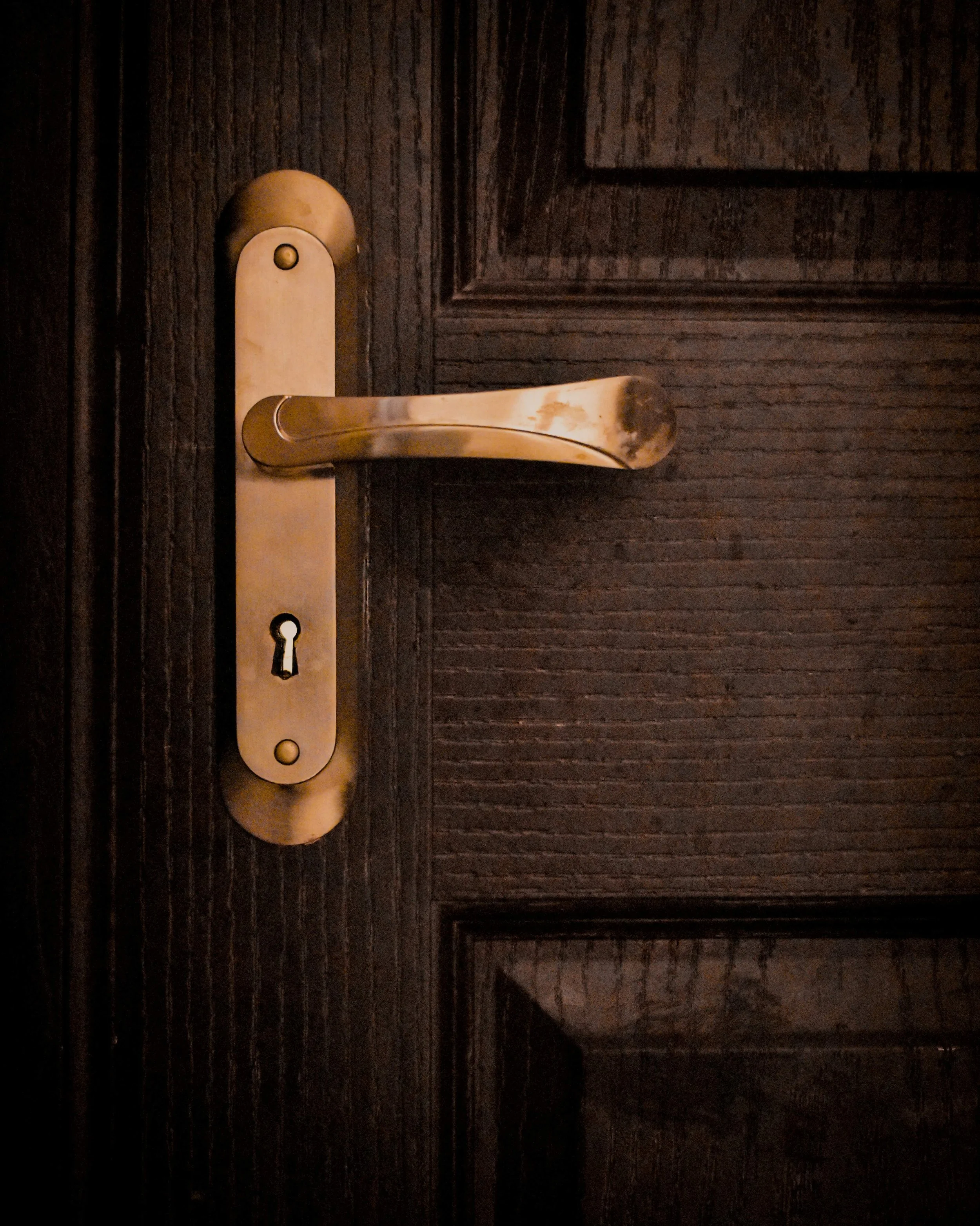 Close-up of a vintage brass door handle and keyhole on a dark wooden door
