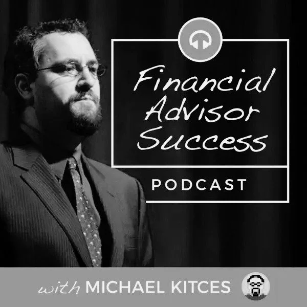 Black and white photo of a man in a suit and glasses next to a sign that says 'Financial Advisor Success Podcast with Michael Kitces' over a dark background.