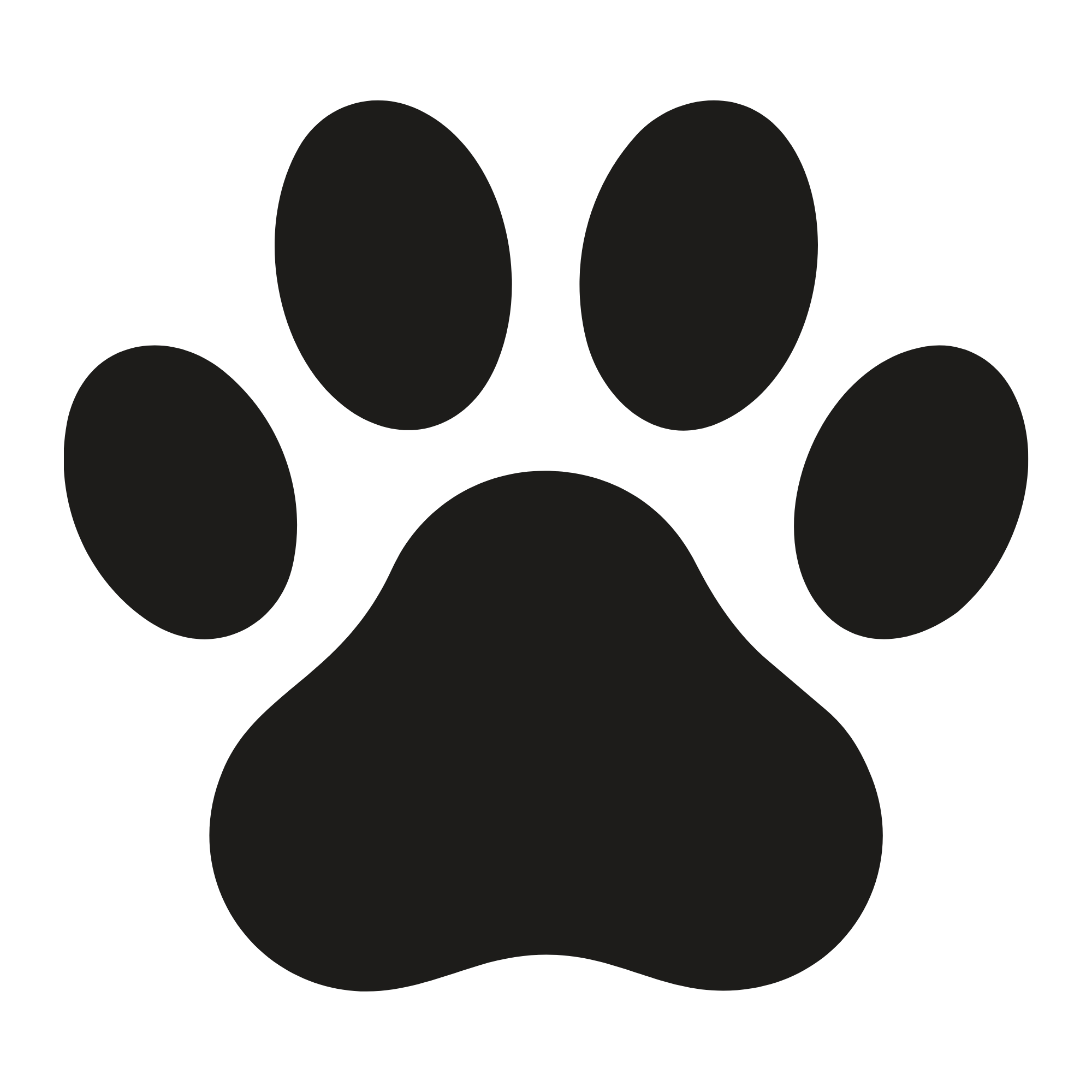 Close-up of a black pet paw print with distinct pads and claws showing.