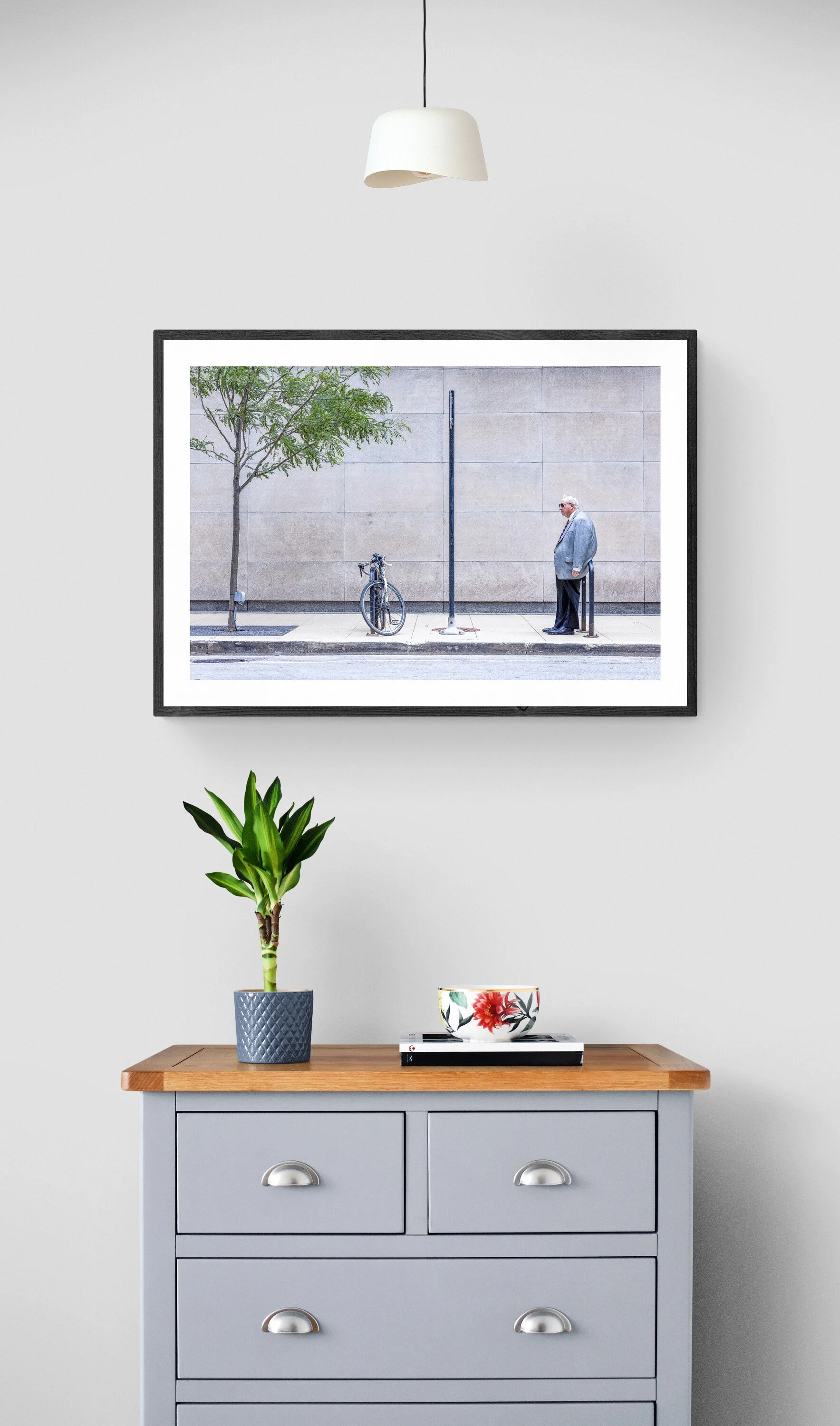 Interior of a room with a gray dresser, a potted plant, a bowl, and a framed photo on the wall showing a man standing on a sidewalk with a bicycle, tree, and wall in the background.