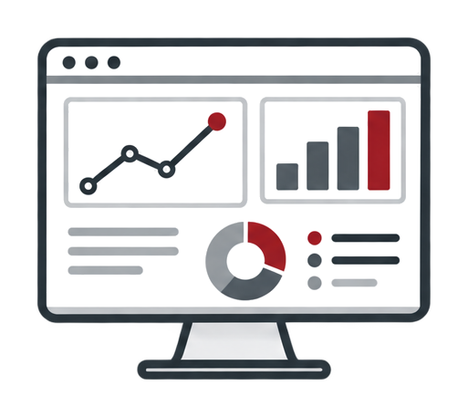 Line drawing of a computer screen displaying various charts and graphs, including a gear, bar chart, line graph, and pie chart.