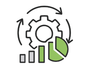 A gear icon surrounded by arrows, bar chart, and pie chart representing data analysis or business growth.