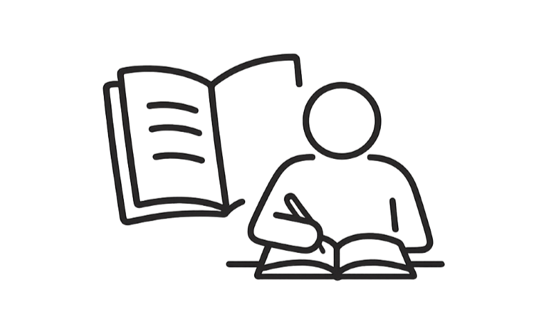 Line drawing of a person reading a book with an open book in front of them and another open book floating above.