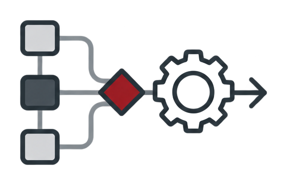 A gear icon surrounded by arrows, bar chart, and pie chart representing data analysis or business growth.
