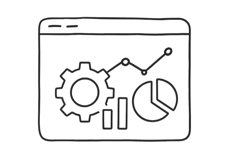 Line drawing of a computer screen displaying various charts and graphs, including a gear, bar chart, line graph, and pie chart.