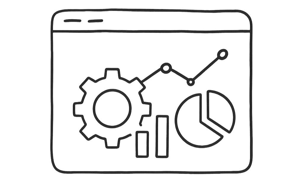 Line drawing of a computer screen displaying a gear, a bar chart, and a pie chart, with a line graph above.