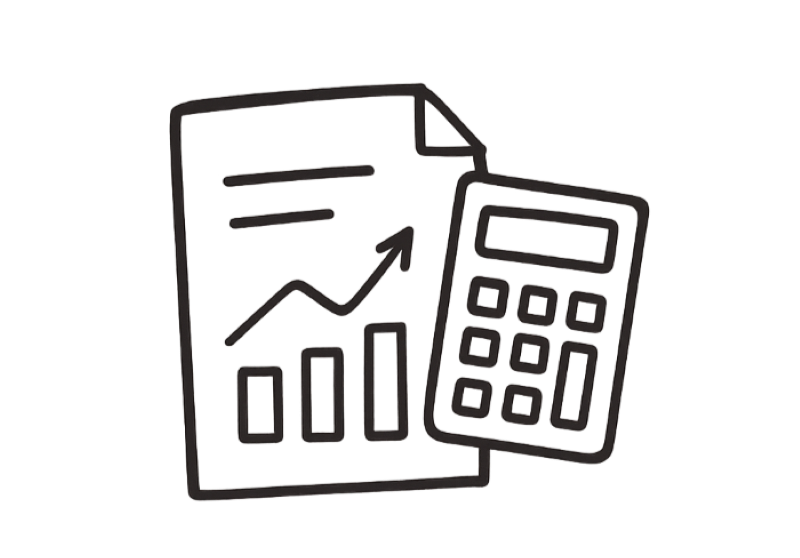 Line graph with upward trending arrow next to a sheet of paper, and a calculator, representing financial analysis or business growth