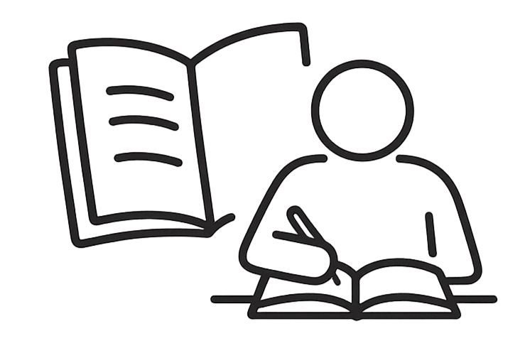 Line drawing of a person reading or studying with an open book, with a larger open book floating beside them.