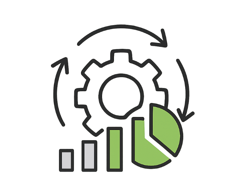 A diagram illustrating data analysis or process cycle with gear, bar graph, and pie chart interconnected with arrows.