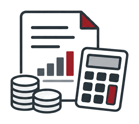 Line graph with upward trending arrow next to a sheet of paper, and a calculator, representing financial analysis or business growth