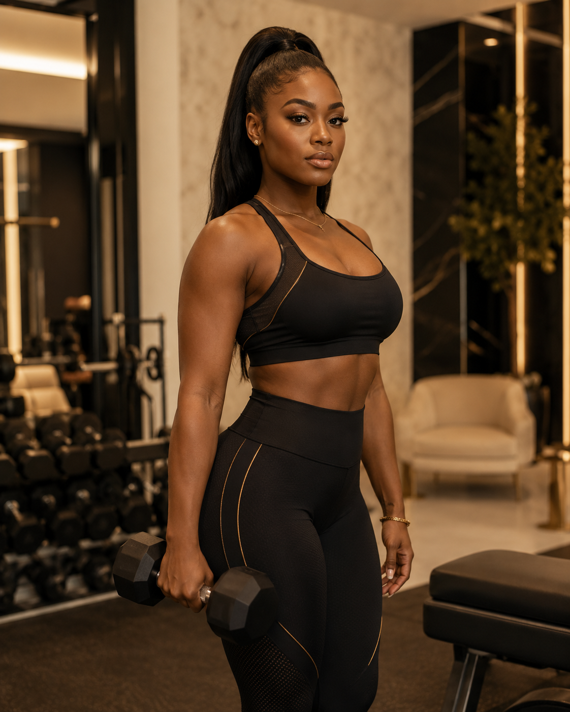 A fit woman in black workout attire holding a dumbbell in a gym setting.