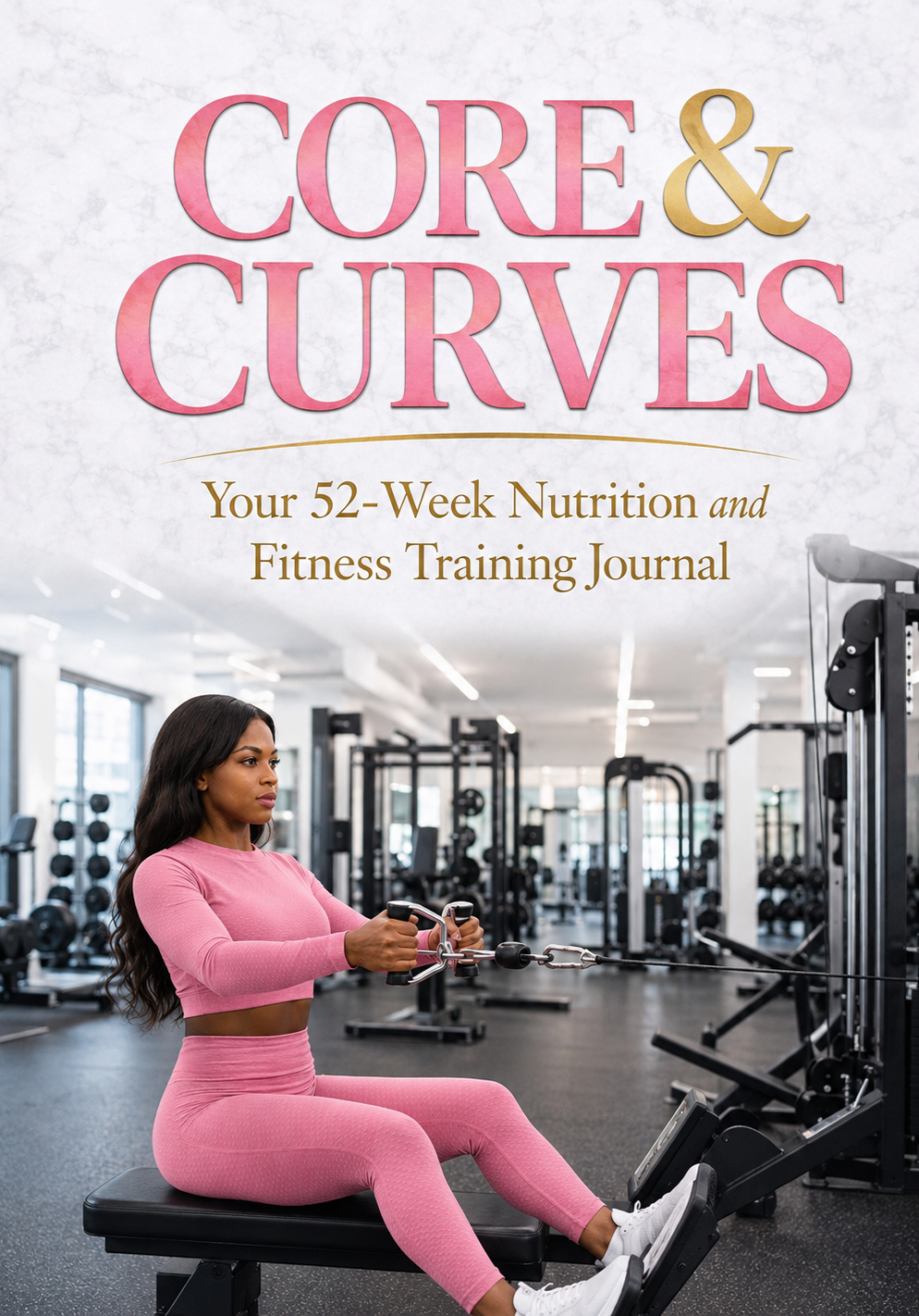 Book cover titled 'Core & Curves: Your 52-Week Nutrition and Fitness Training Journal' with a woman in pink workout clothes using a rowing machine in modern gym.