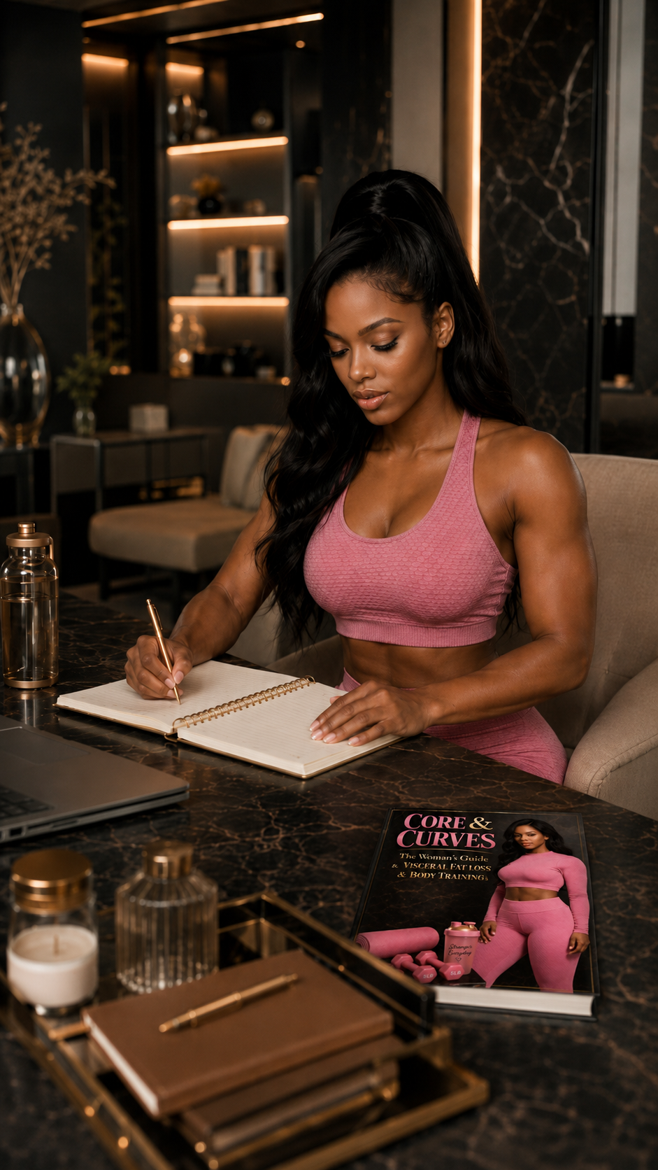A fit woman in a pink workout outfit sitting at a black marble table, writing in a notebook, with workout magazines, candles, notebooks, and a laptop on the table. The background features a modern, dimly lit room with shelves and decorative items.