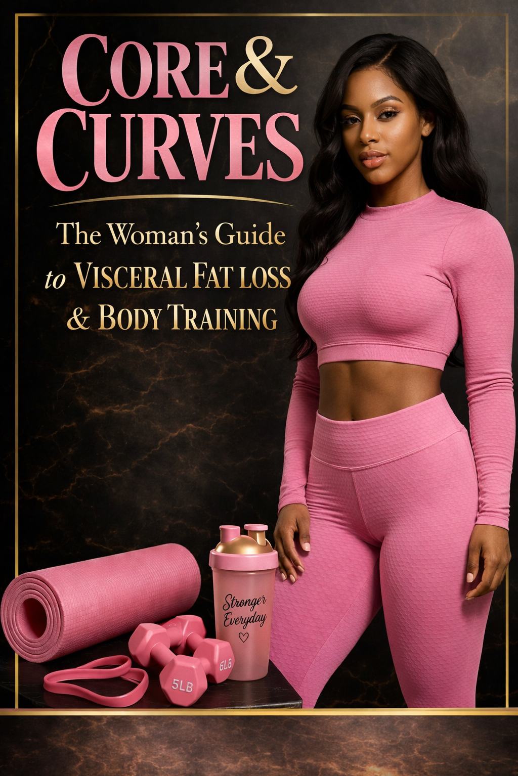 A woman in pink athletic wear standing next to fitness equipment including a yoga mat, pink dumbbells, a pink water bottle, and pink resistance band against a dark marble background. Text promotes a guide on visceral fat loss and body training.