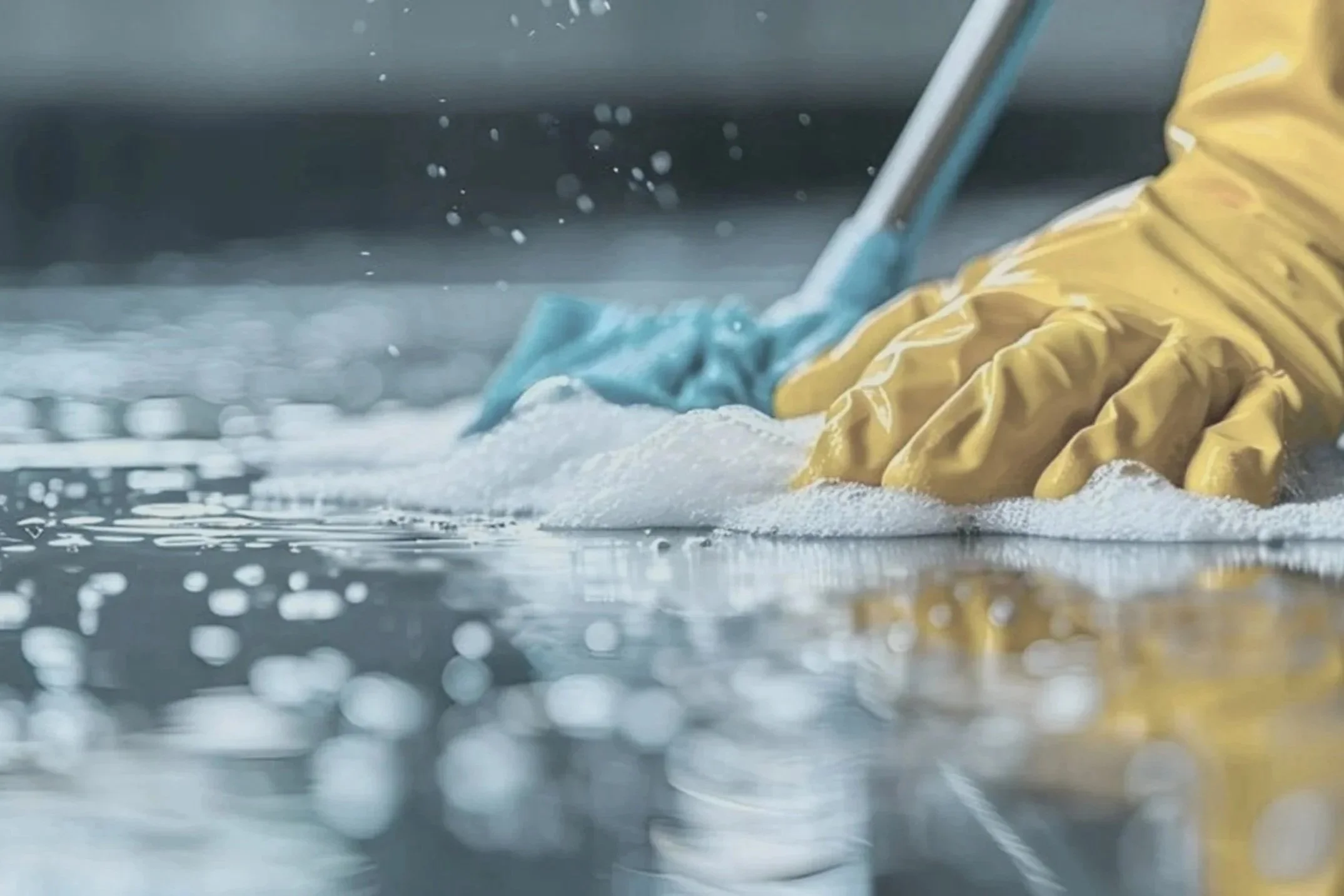 Close-up of someone cleaning a surface with a yellow rubber glove and a blue cleaning cloth, with soapy water and bubbles visible.