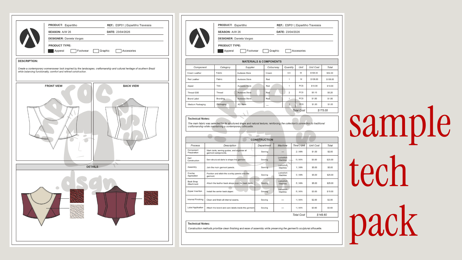 Fashion garment tech pack showing construction details and technical specifications
