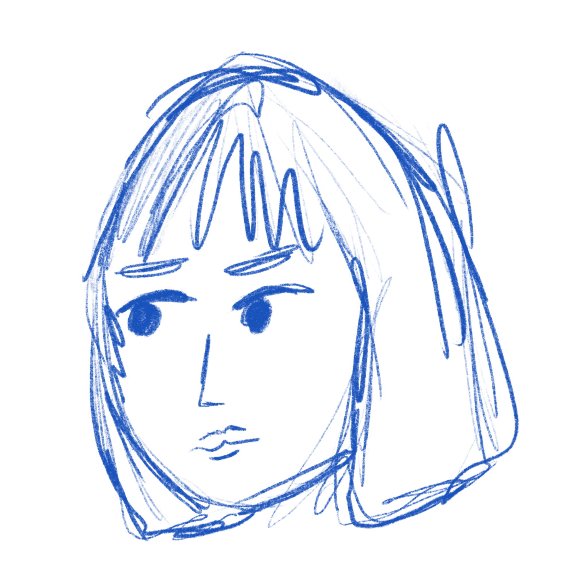 Blue ink hand-drawn doodle of a short-haired fashion designer
