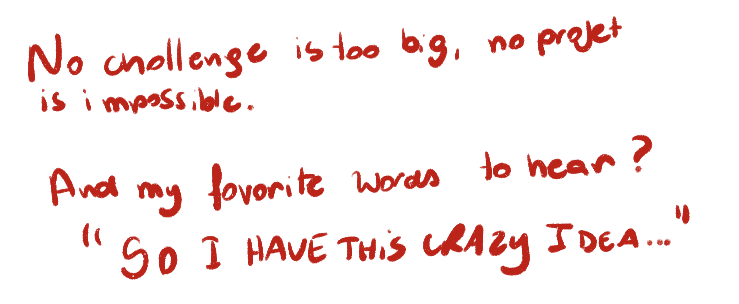No challenge is too much, no project is impossible. My favorite words to hear? “So, I have this crazy idea…”