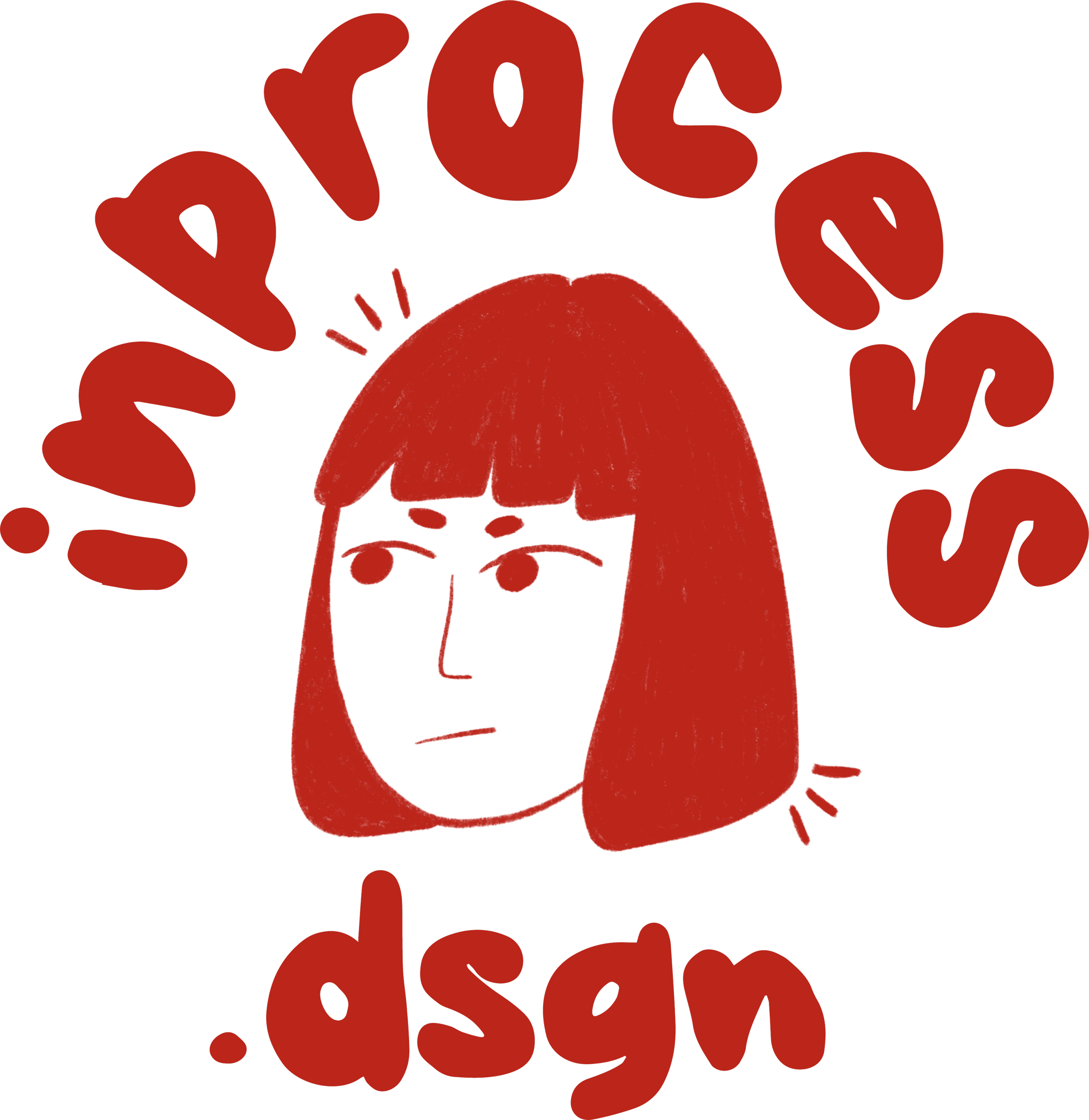 Inprocess.dsgn fashion design logo featuring a hand-drawn short-haired girl in bright red