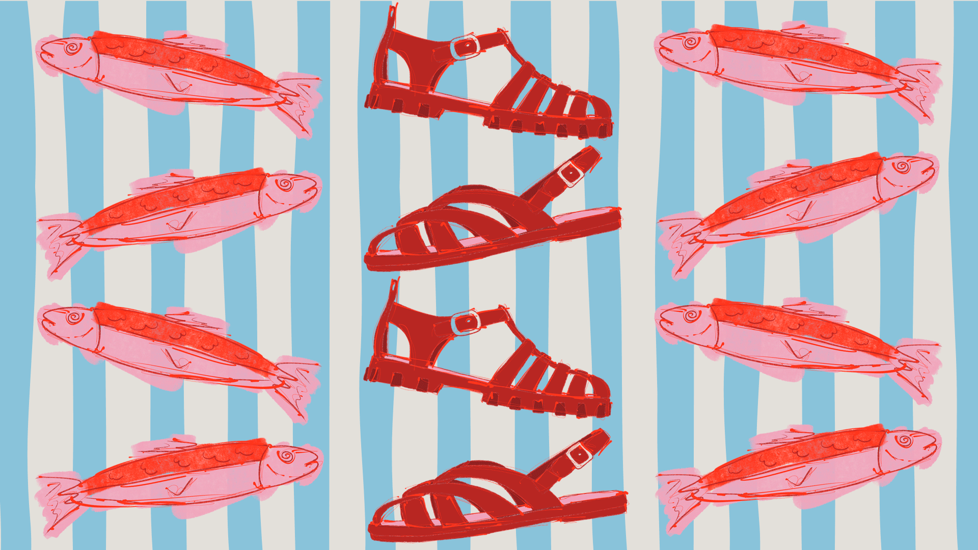 Hand-drawn sardines and fisherman sandal illustrations in red and pink on a striped background