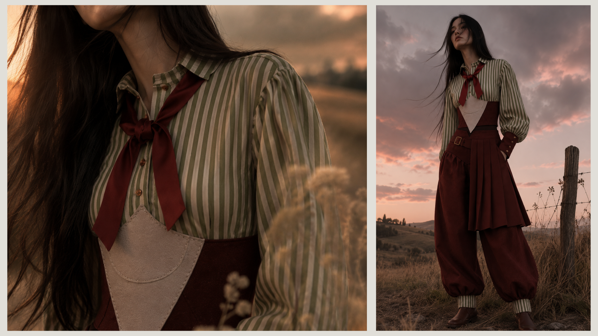 Fashion portrait of a woman wearing a burgundy leather corset and wide gaucho pants in a sunlit field