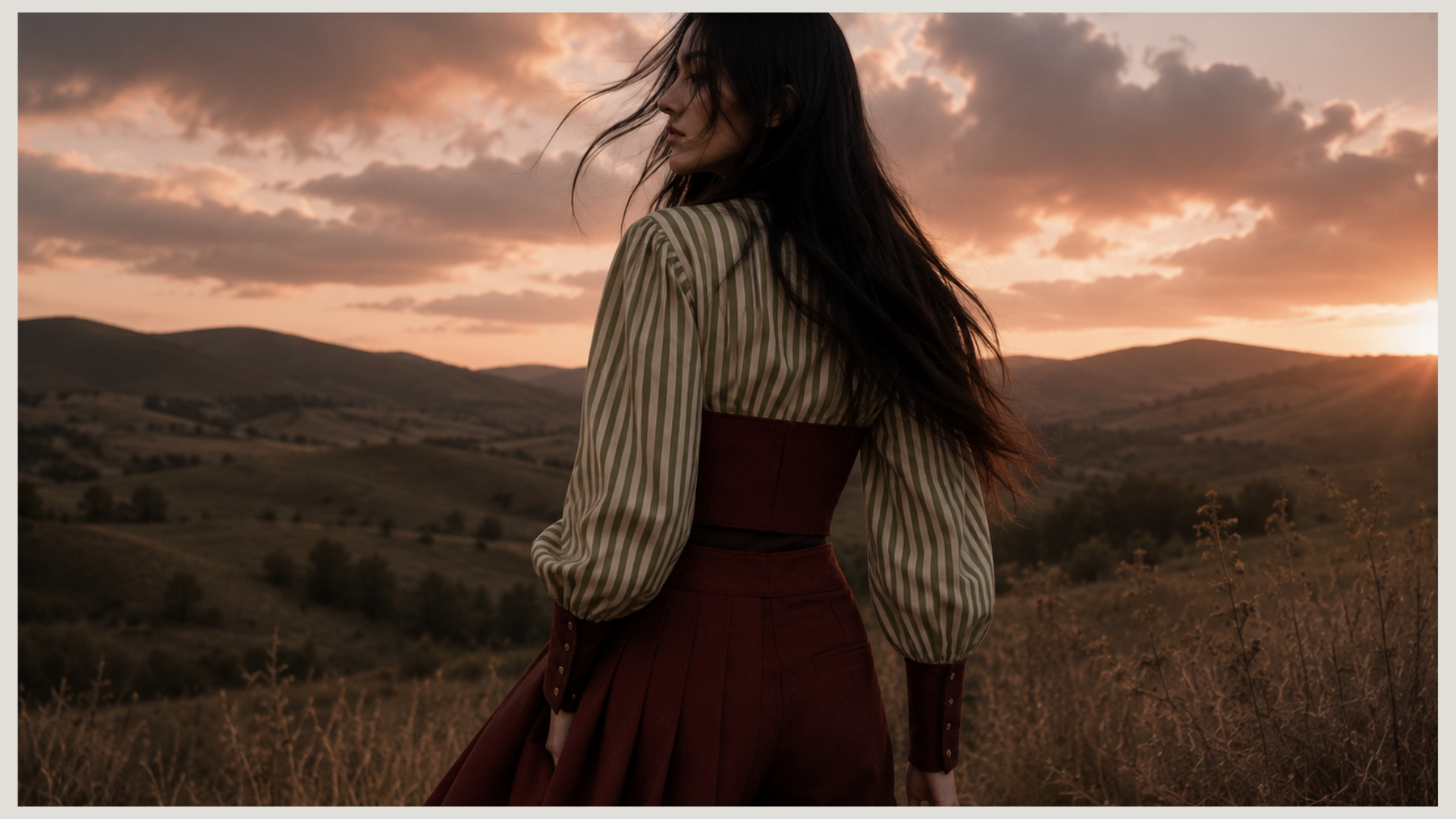 Gaucho-inspired fashion look with burgundy leather corset, striped shirt and wide-leg pants in golden evening light