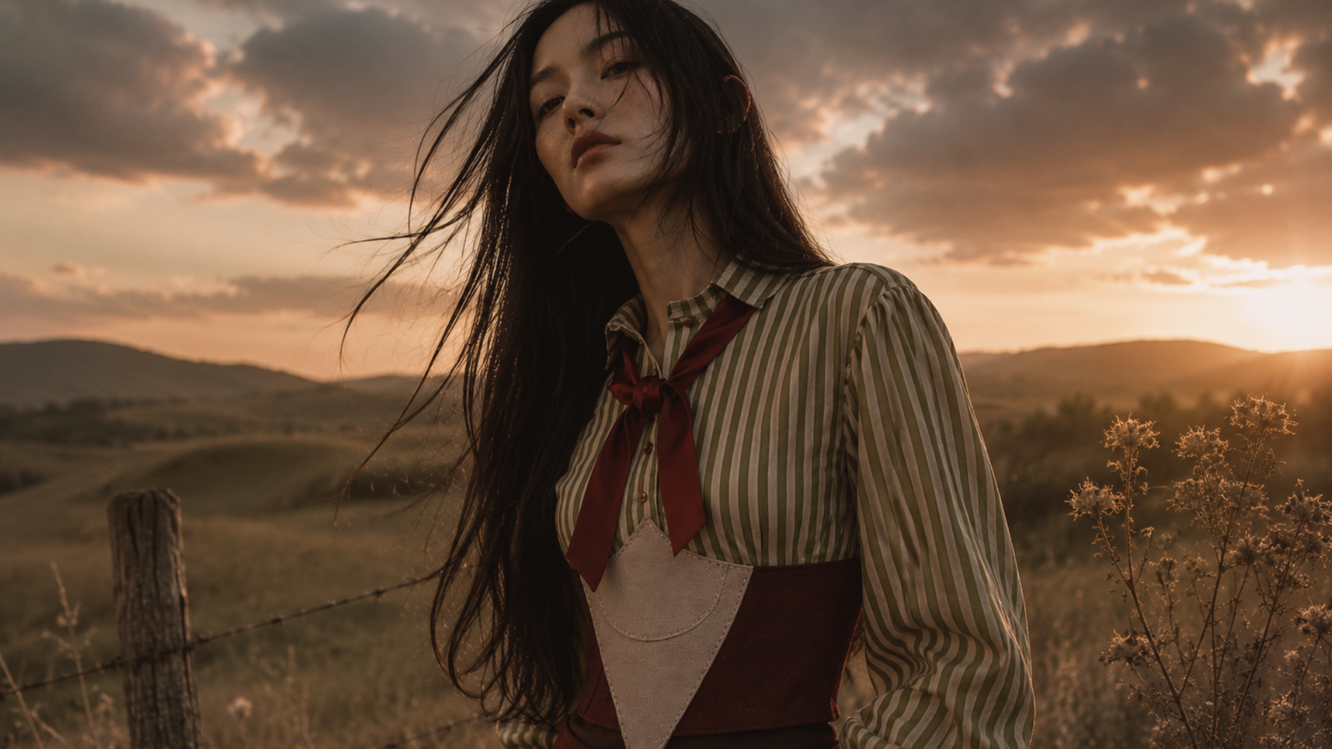 Contemporary gaucho fashion design featuring a burgundy leather corset and wide gaucho pants in a field