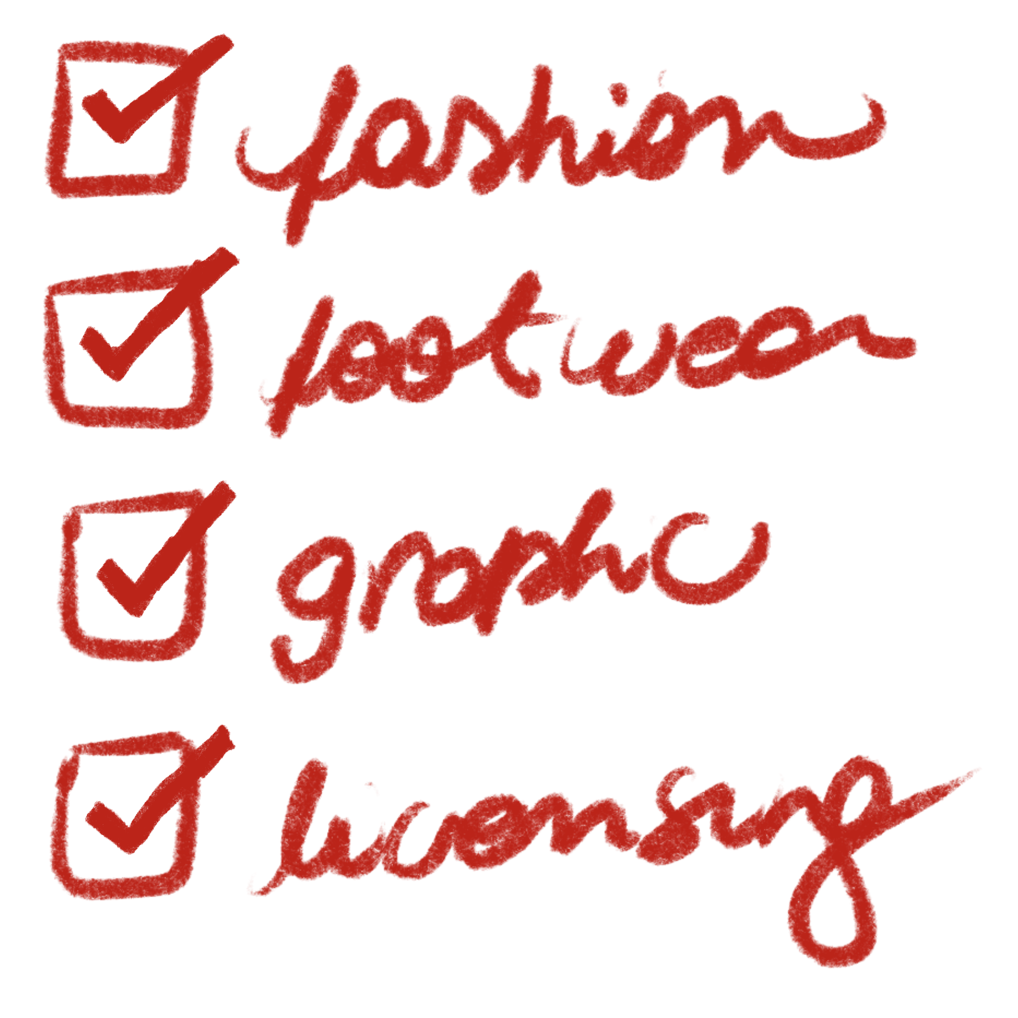 Handwritten design doodle listing footwear, fashion, graphic design and licensing with checked boxes