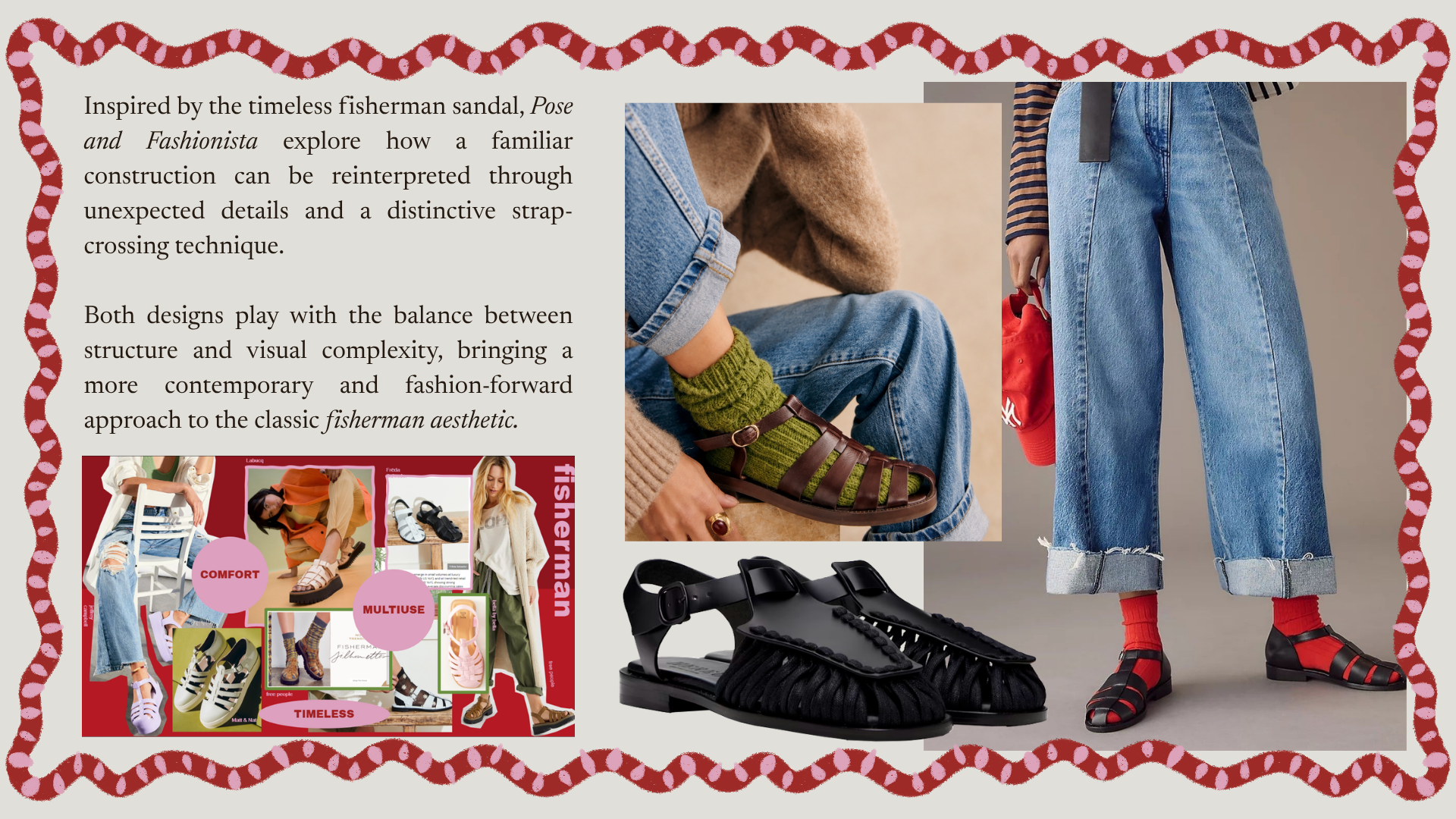 Fisherman sandal fashion design moodboard exploring contemporary strap details, structure and styling