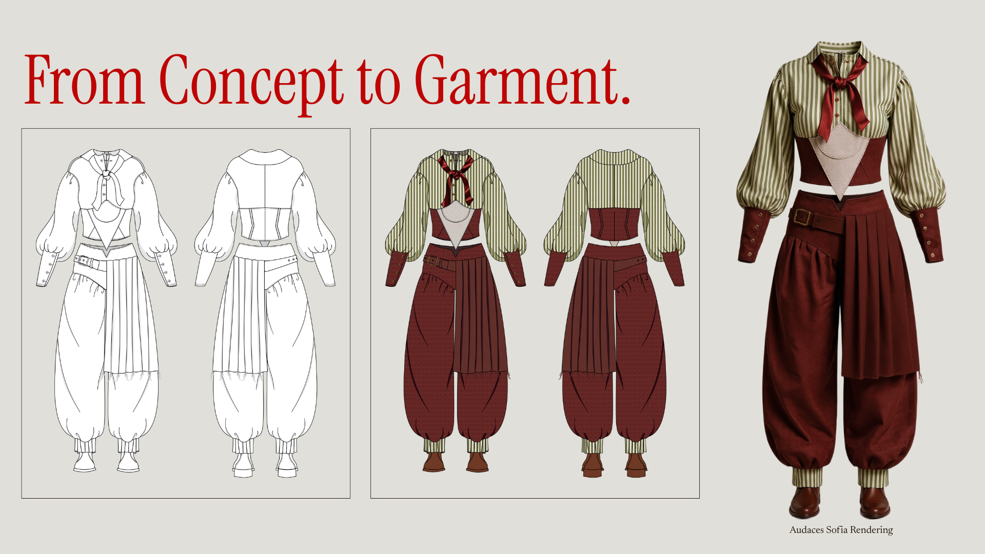 Gaucho-inspired fashion design from concept to garment, featuring an outline sketch, colored technical drawing and 3D render
