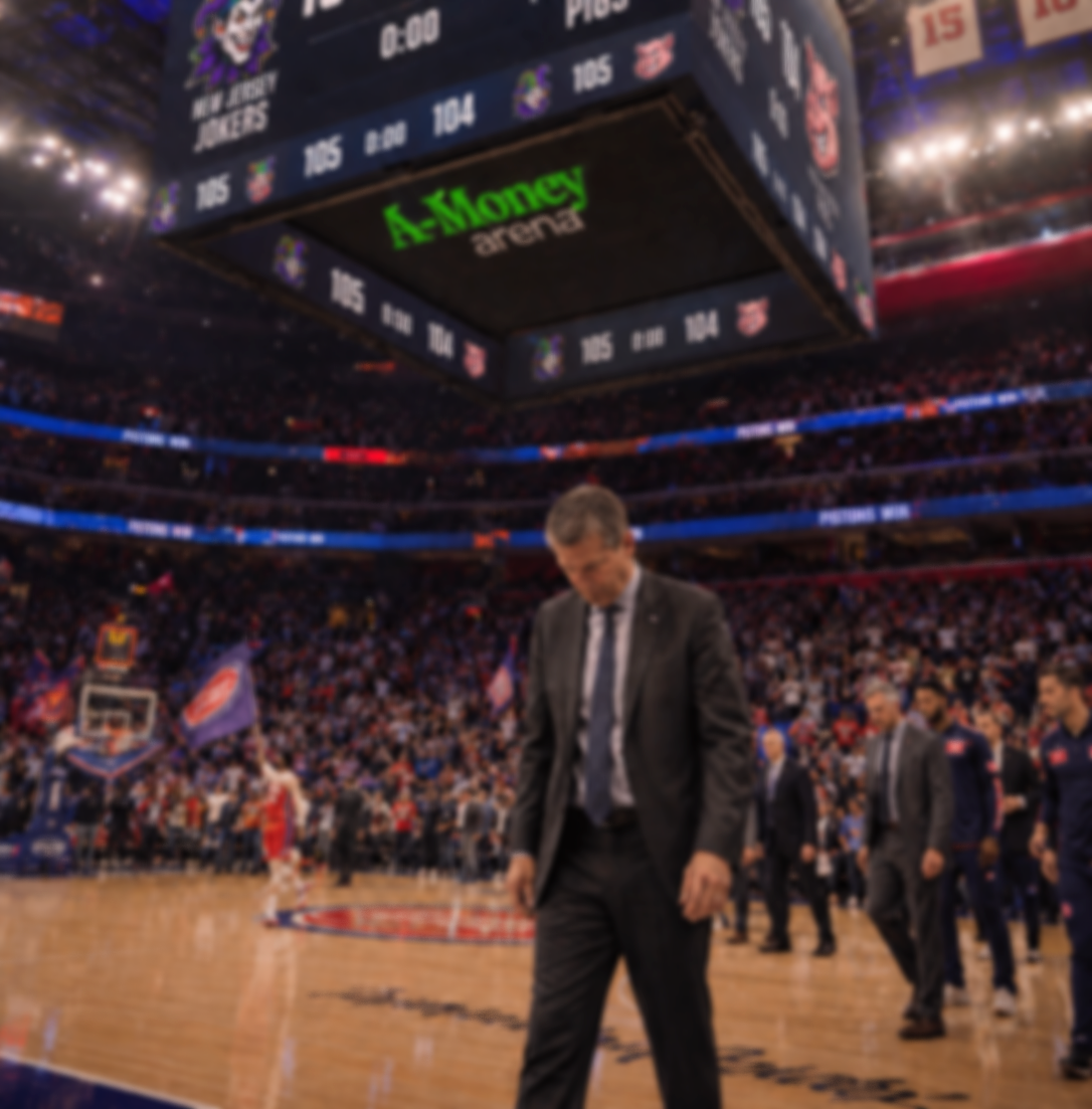 A man in a suit walking on a basketball court during a game at the arena.