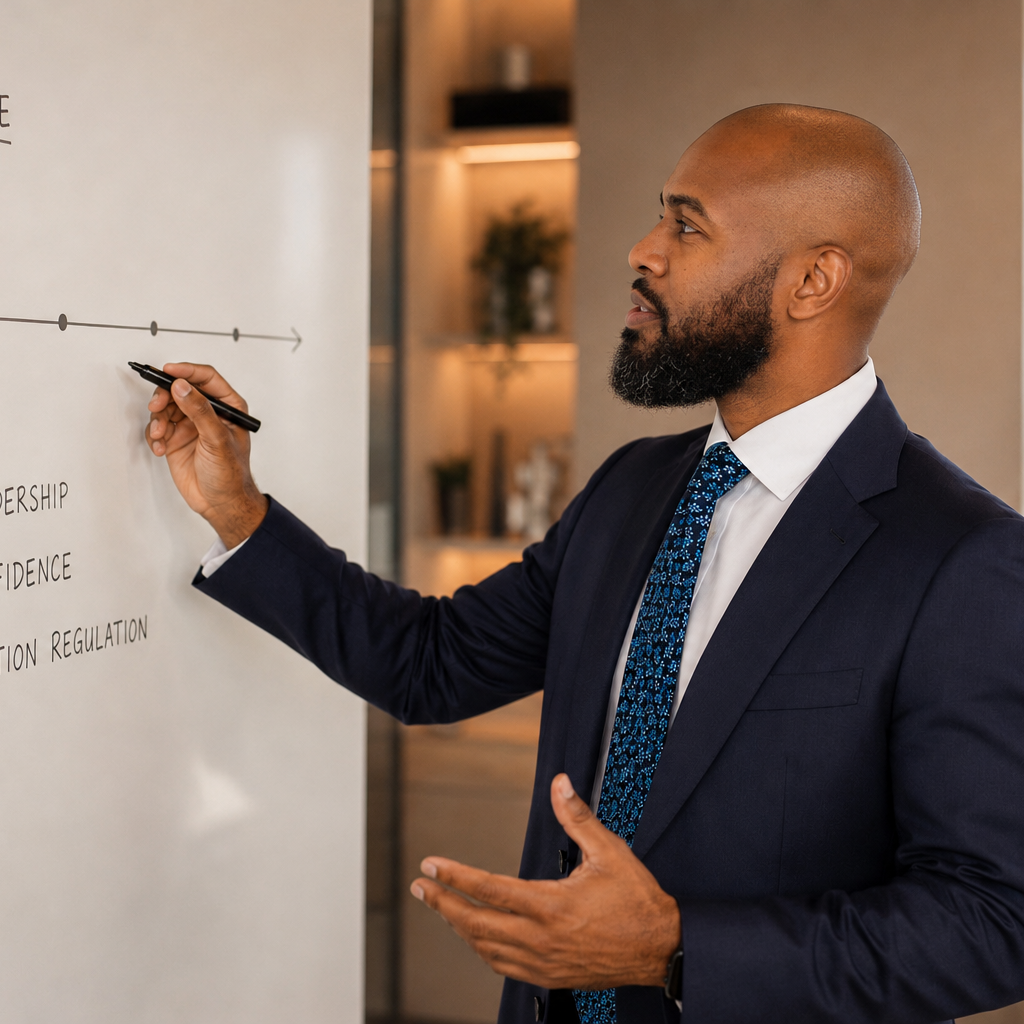A man in a business suit writes on a whiteboard during a presentation or meeting.