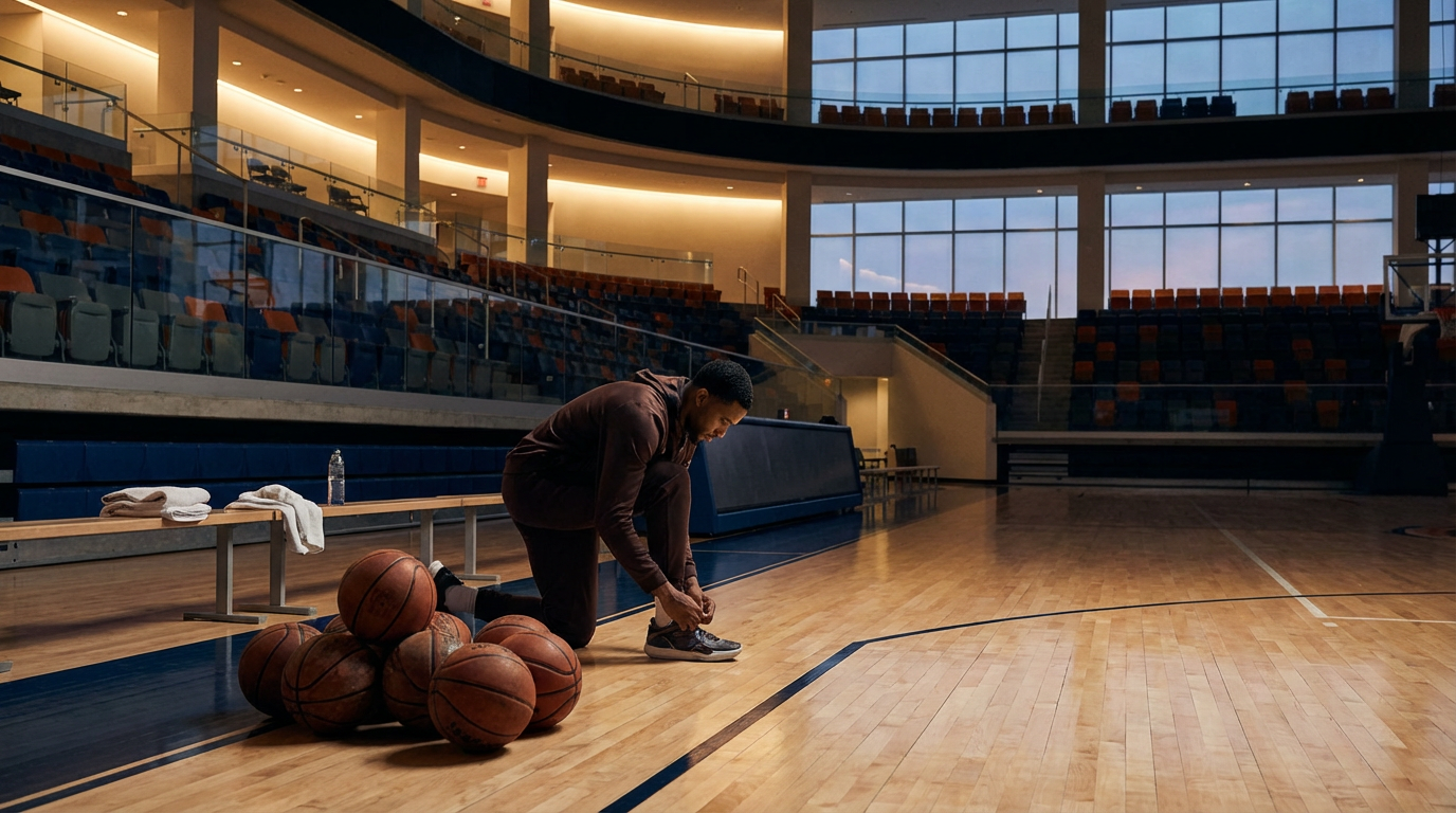 A man kneeling on the basketball court tying his shoelaces surrounded by a pile of basketballs in an indoor basketball arena with empty seats and large windows.