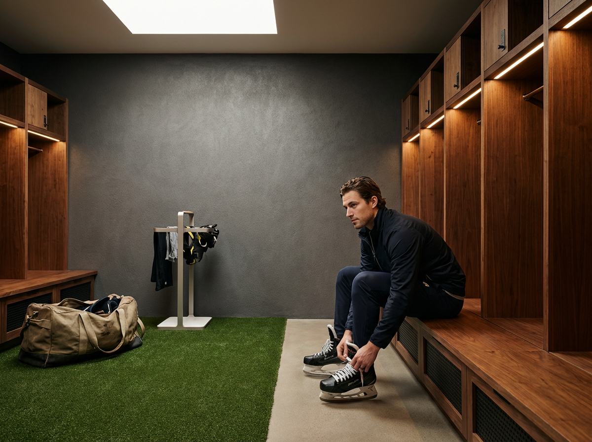 Man sitting in a locker room putting on ice skates with a gym bag and sports gear nearby.
