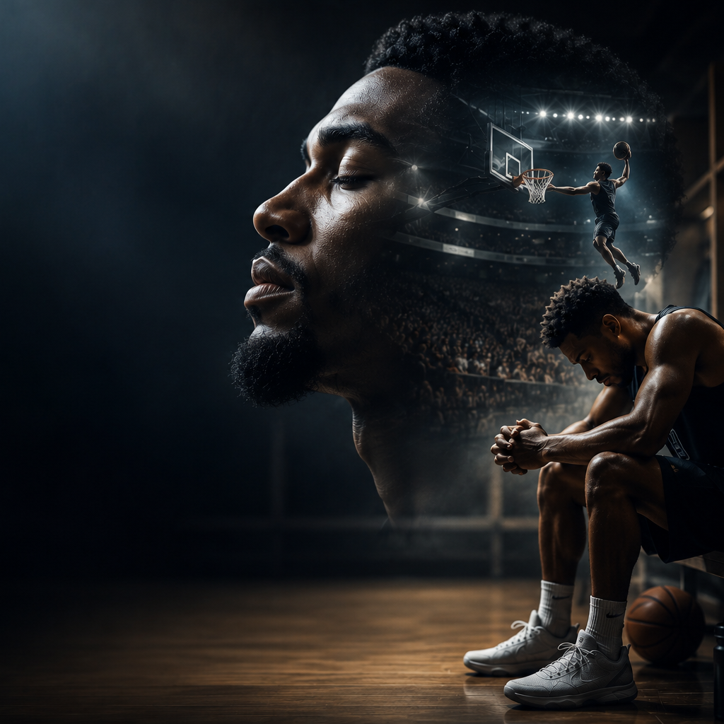 A basketball player sitting on a bench appears to be deep in thought, with a collage of a large basketball court and a player jumping to make a shot superimposed over his head, creating a surreal effect.