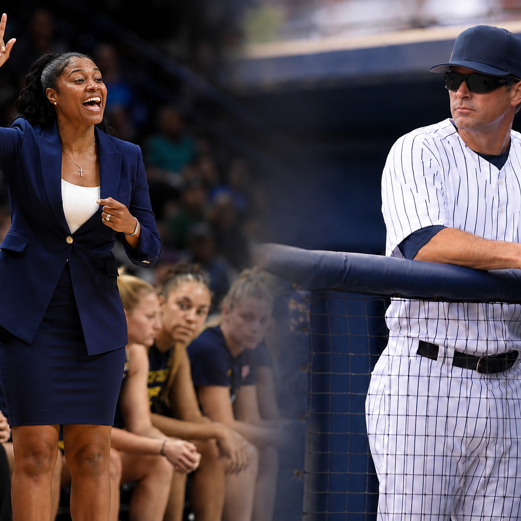 A woman in a navy blazer and skirt, smiling and gesturing with her left hand, standing near a baseball dugout. Beside her, a man in a baseball uniform and sunglasses is leaning on the dugout railing, looking away. Several female athletes are seated behind them, watching the game.