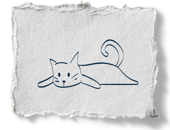 Line drawing of a relaxed cat lying down with its head resting on its front paws and tail curled.