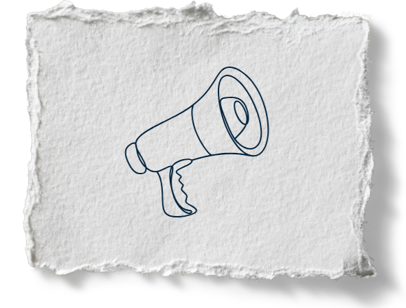 Simple line drawing of a megaphone on textured paper background.