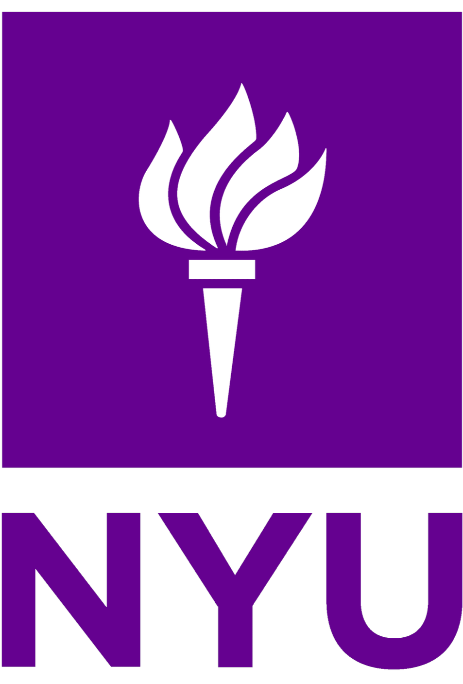 The NYU logo featuring a torch with flames and the letters 'NYU' below on a purple background.