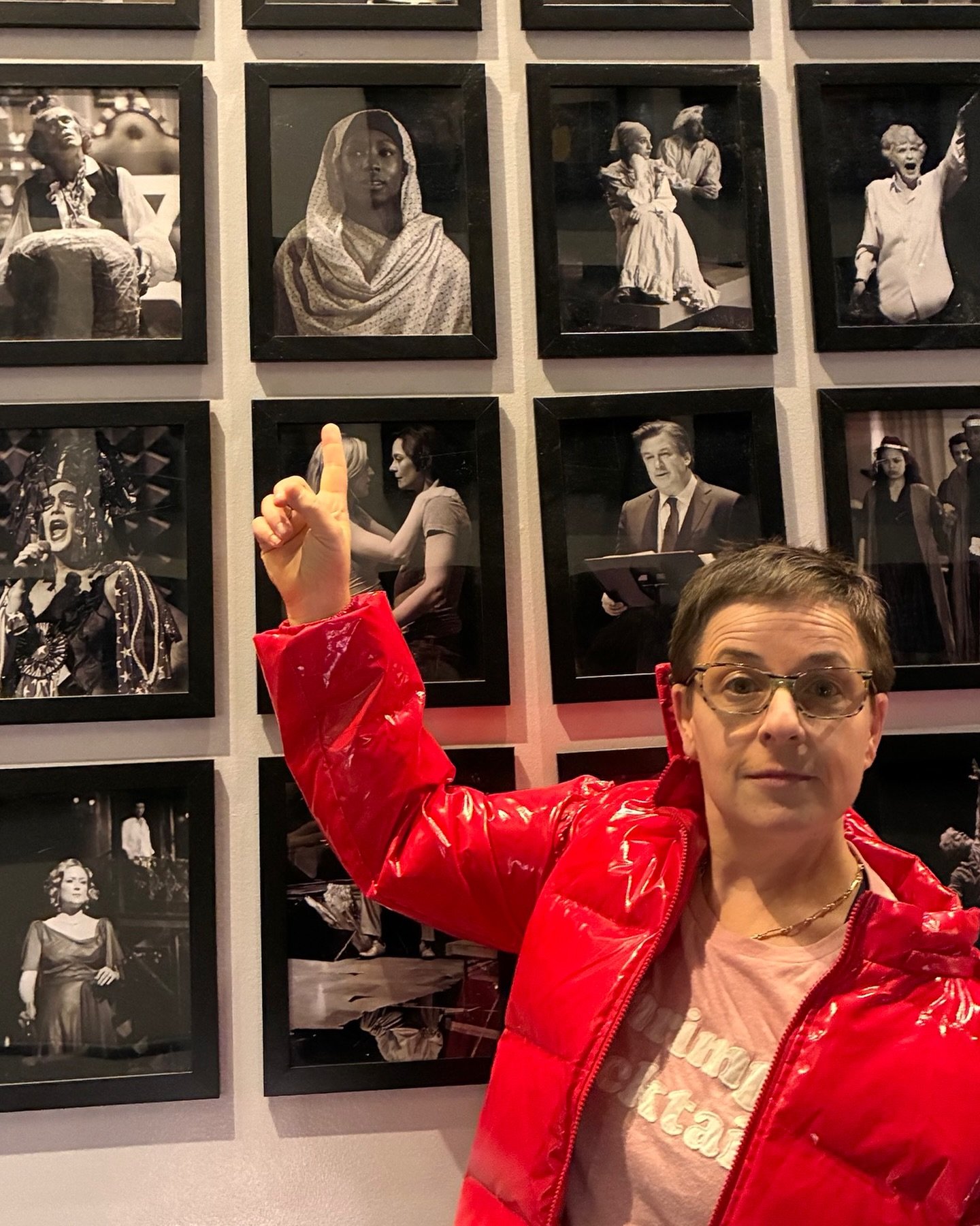Seeing a cool show last night raising up feminists with The Meteor at @joespub and on the way out got to stop by my favorite wall and have an IN DARFUR trip with @rutina_wesley through the glare. She&rsquo;s above Marin Ireland and Danielle Skraastad