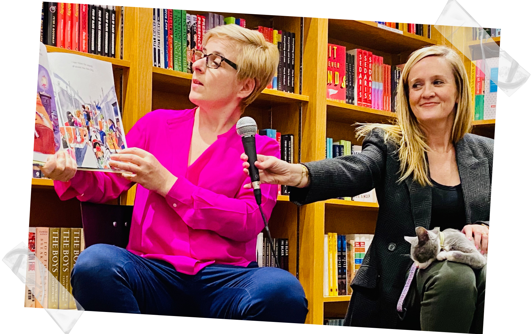 Winter Miller and Samantha Bee at a library reading event for the book "Not A Cat"