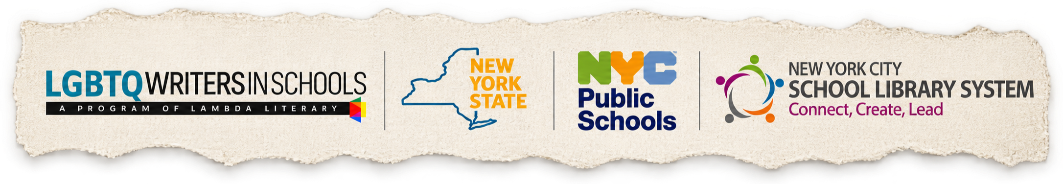 Logos of organizations related to education in New York, including LGBTQ Writers in Schools, New York State, NYC Public Schools, and New York City School Library System with the slogan 'Connect, Create, Lead'.