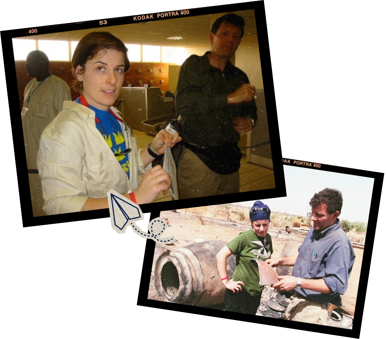 Collage of two photographs of Winter Miller and Nicholas Kristof on the ground doing research.