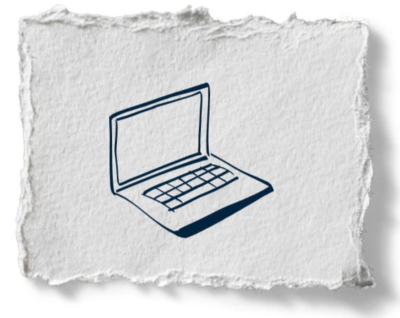 Line drawing of an open laptop with a keyboard on a torn piece of paper.