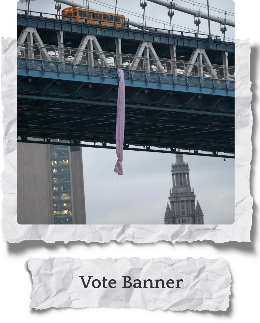A pink cloth hangs from an overpass, with a yellow train passing above. In the background, part of a clock tower is visible, and a tall modern building is partially seen on the left. The overlay text reads 'Vote Banner'.