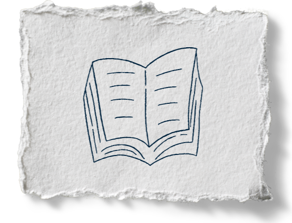 Line drawing of an open book on a textured paper background.
