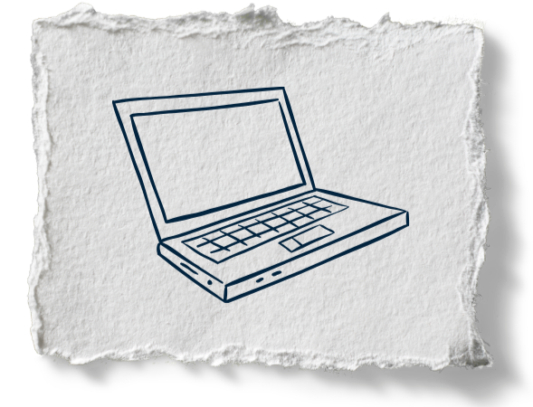 Simple line drawing of an open laptop on a torn piece of paper background.
